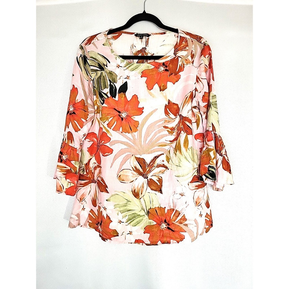 John‎ Mark Pink Linen Tropical Floral Beachy Relaxed Tunic Top – Women's Small